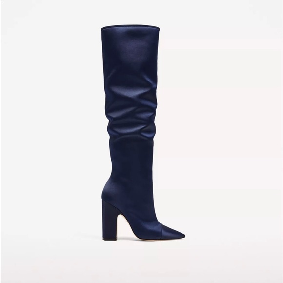 NWT ZARA NAVY BLUE SATEEN HIGH HEEL BOOTS - Picture 3 of 8